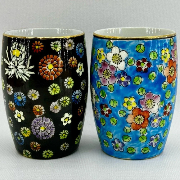 Unknown Other - Vintage Chadwick Hand Painted Teacup Tumblers Set of 2 Black Blue Florals Japan